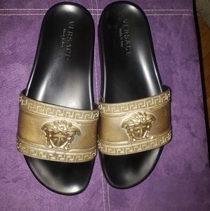 Versace Black Sandals with Gold Medusa Strap